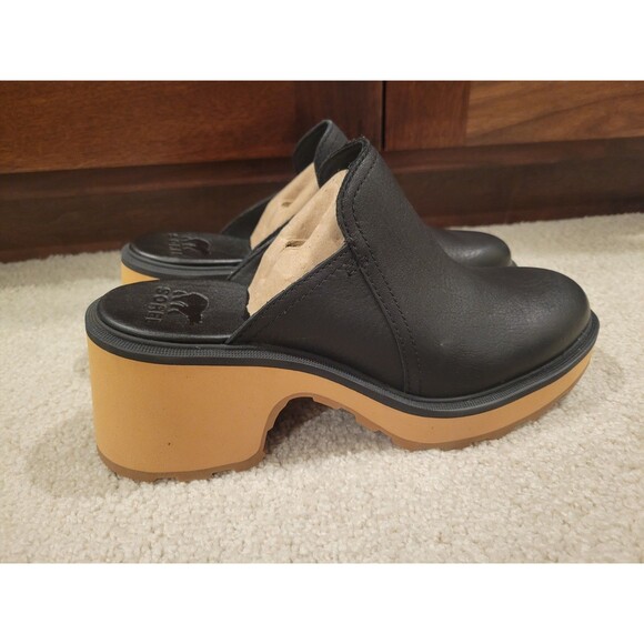 NIB Sorel Hi-line Heel Mule Clogs Slip In Women's Shoes 8.5 Black Leather Light - Picture 2 of 10